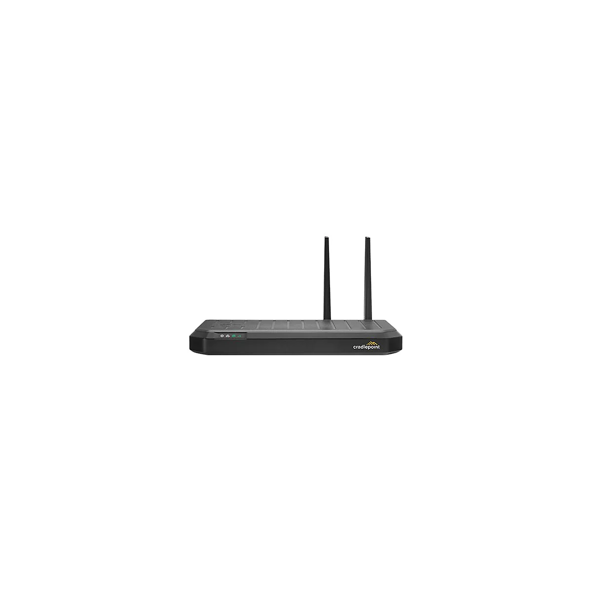 Schwarzer Router mit zwei Antennen. Auf der Front leuchten grüne LEDs. Auf der Unterseite ist der Schriftzug "cradlepoint" zu sehen.