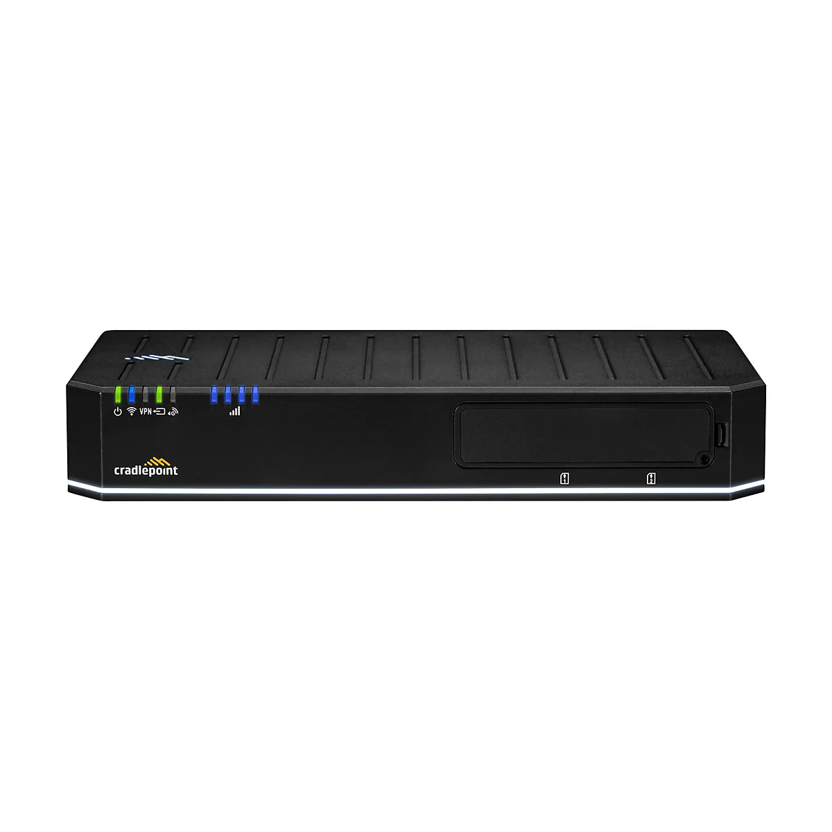 Schwarzer Router mit leuchtenden LED-Anzeigen, Cradlepoint-Logo unten links.