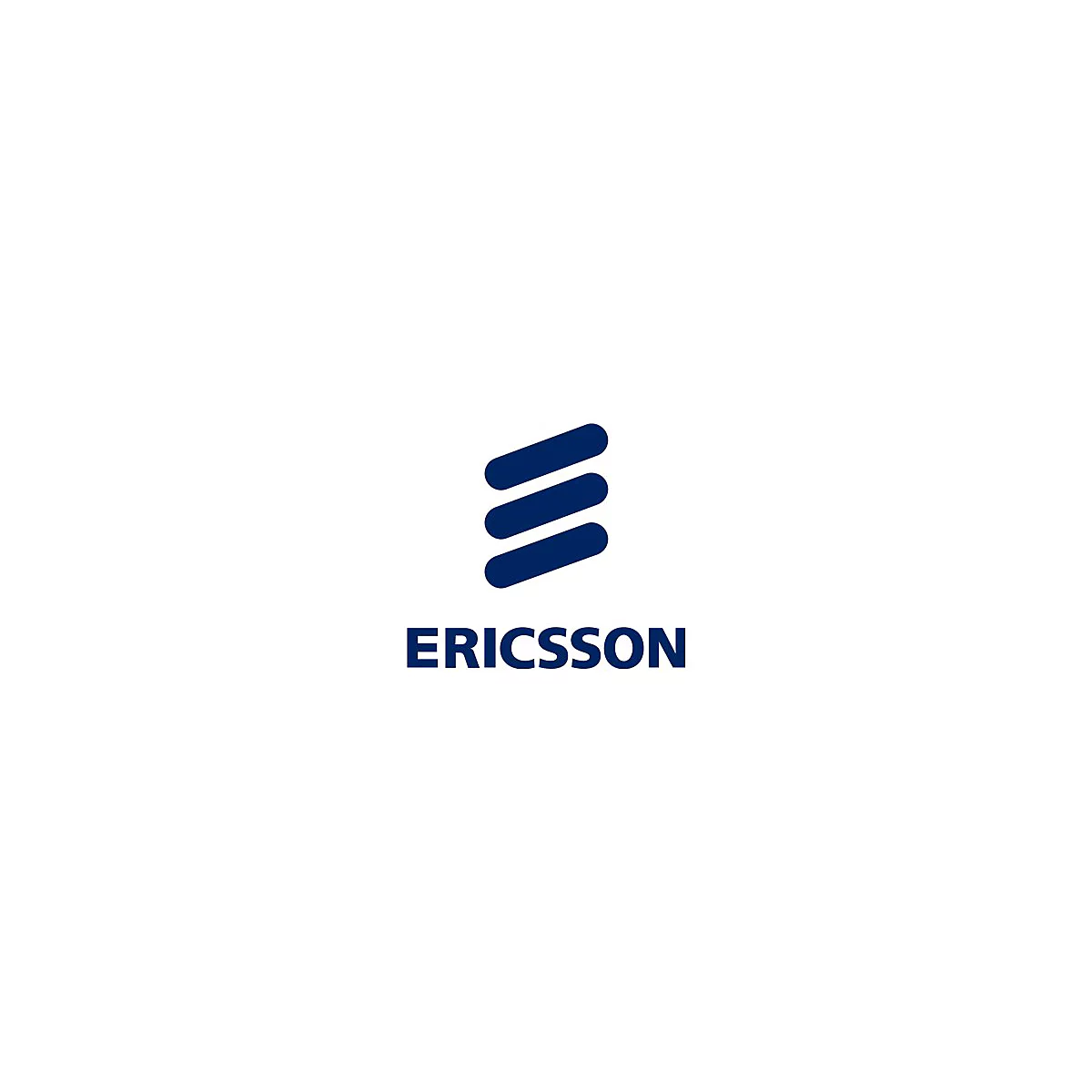Blaues Logo der Firma Ericsson mit drei schrägen Balken über dem Unternehmensnamen.