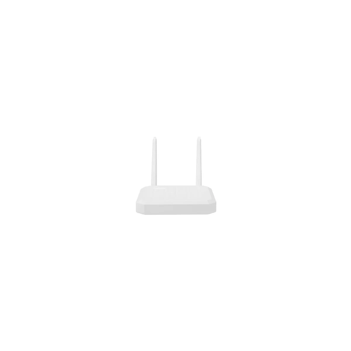 Weißer Router mit zwei Antennen. Er steht vor neutralem Hintergrund.