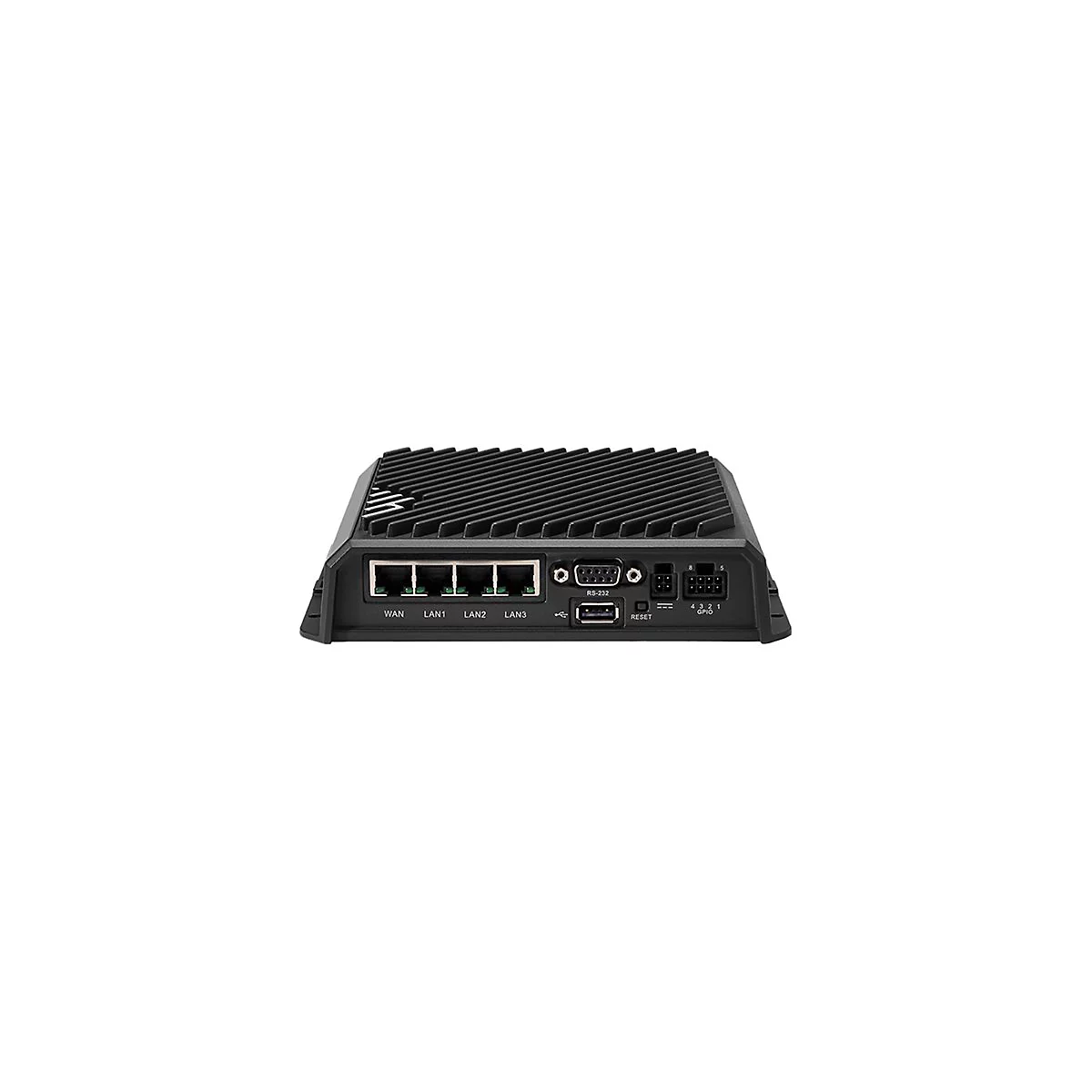 Schwarzes Netzwerkgerät mit Anschlüssen, wie WAN, LAN1, LAN2, LAN3, RS-232 und USB-Anschluss. Das Gerät hat ein geriffeltes Oberteil.