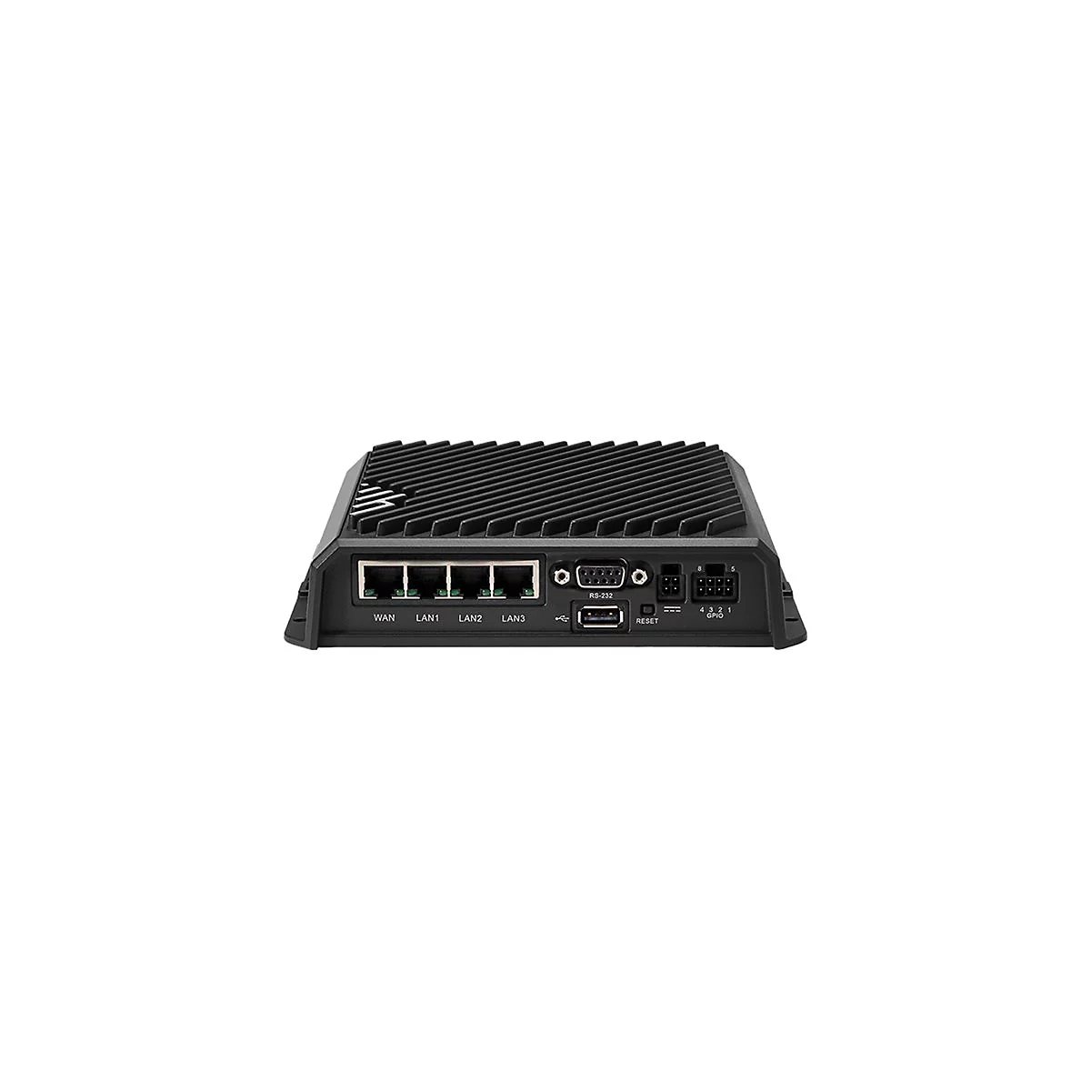 Schwarzes Netzwerkgerät mit Lüfter, Anschlüssen und Beschriftungen: WAN, LAN1, LAN2, LAN3, RS-232, USB, Reset, GPIO.