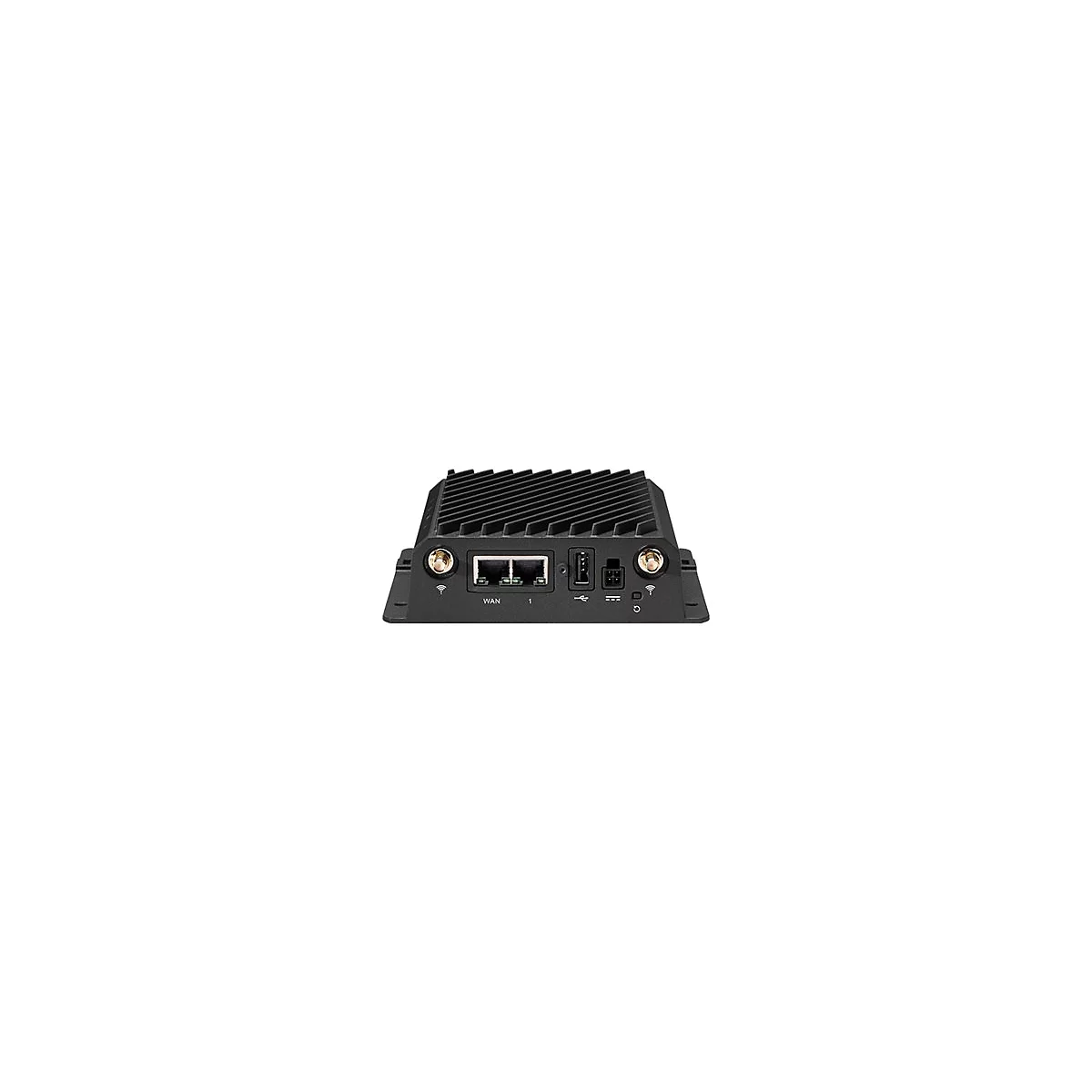 Schwarzer Netzwerk-Router mit Anschlüssen für WAN, Ethernet, USB und zwei Antennenanschlüssen.