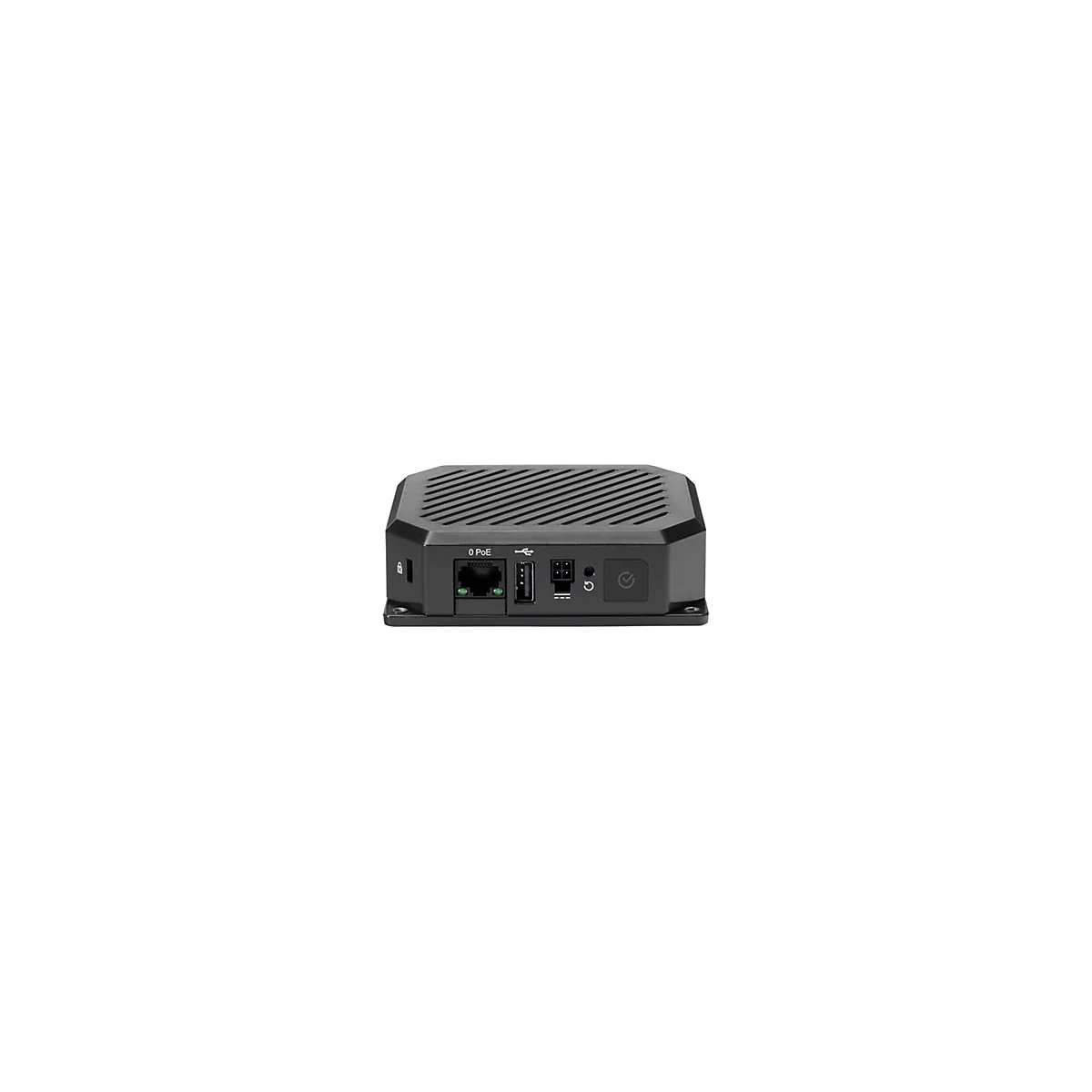 Schwarzes Gehäuse eines Netzwerkgeräts mit RJ45 PoE-Anschluss, USB-Port, Stromanschluss und Power-Taste.