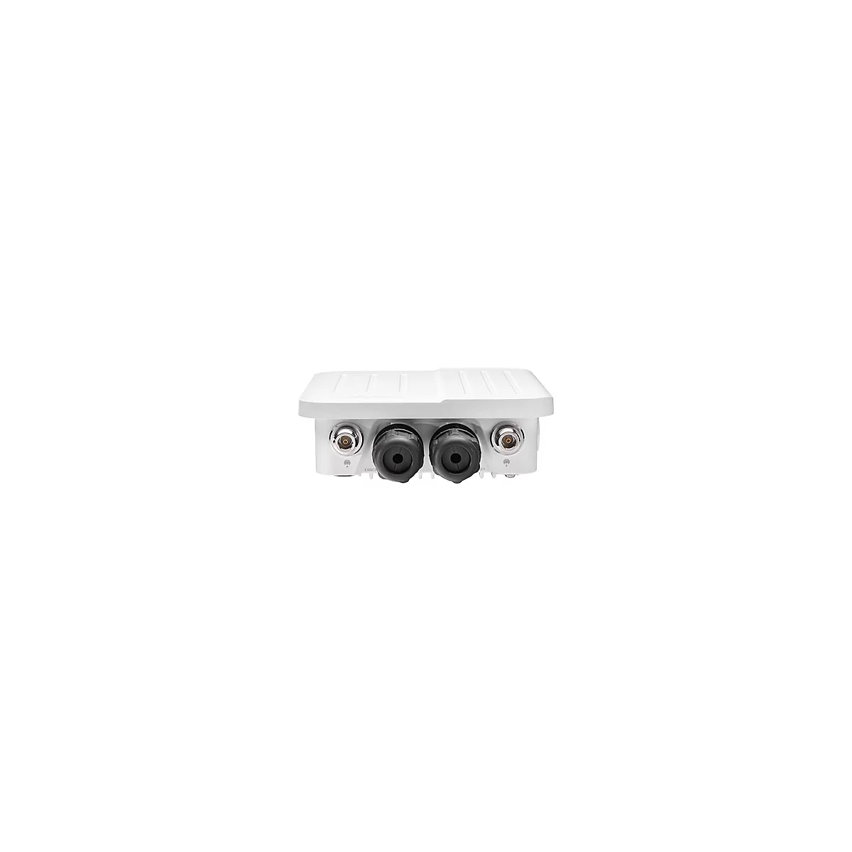 Weißer Funk-Access-Point mit zwei Antennenanschlüssen und zwei Kabelverschraubungen vor neutralem Hintergrund.