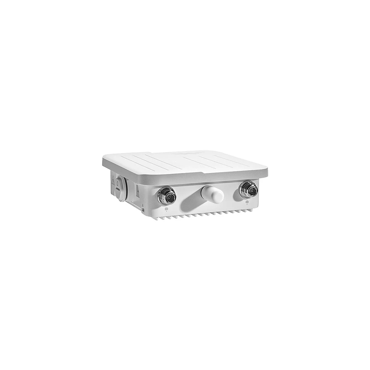 Weißes, flaches Outdoor-WLAN-Gerät mit zwei metallischen Antennenanschlüssen vor neutralem Hintergrund.