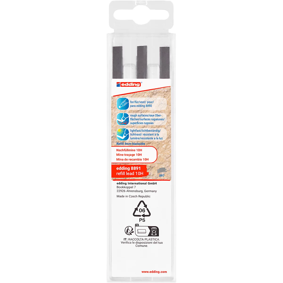 Verpackung mit Ersatzminen 10H von Edding. Auf der Packung sind Produktinformationen aufgedruckt.