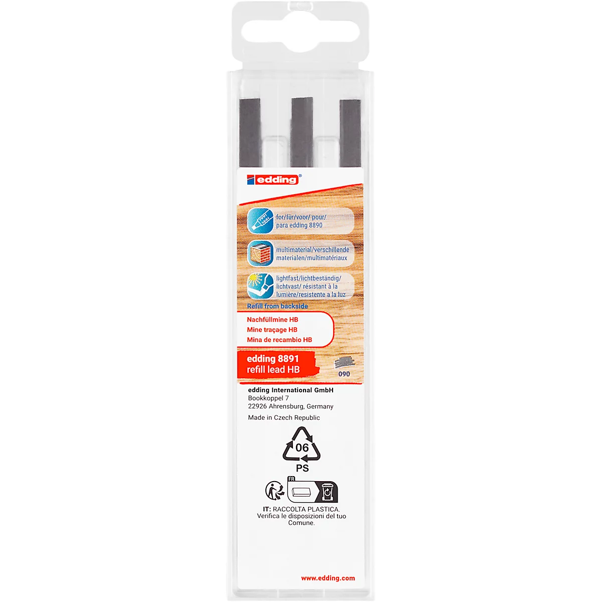 Packung mit Ersatzminen von Edding. Oben sind die grauen Minen zu sehen, dahinter die Produktinformationen.