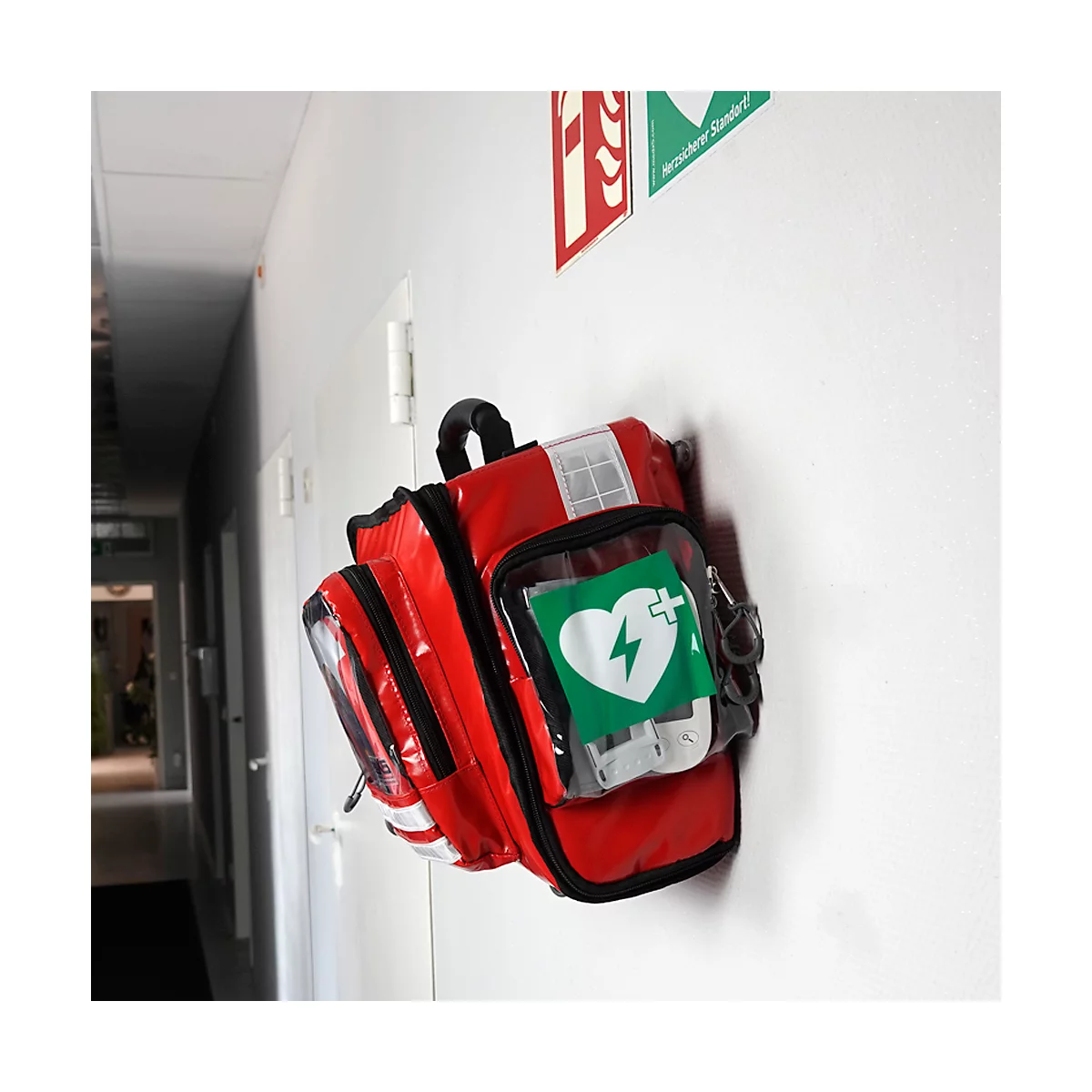 Erste-Hilfe-& Defibrillator-Wandtasche, für HeartSine Defibrillatoren & Erste-Hilfe-Materialien, leer, 8 Staufächer, B 400 x T 250 x H 350 mm, rot