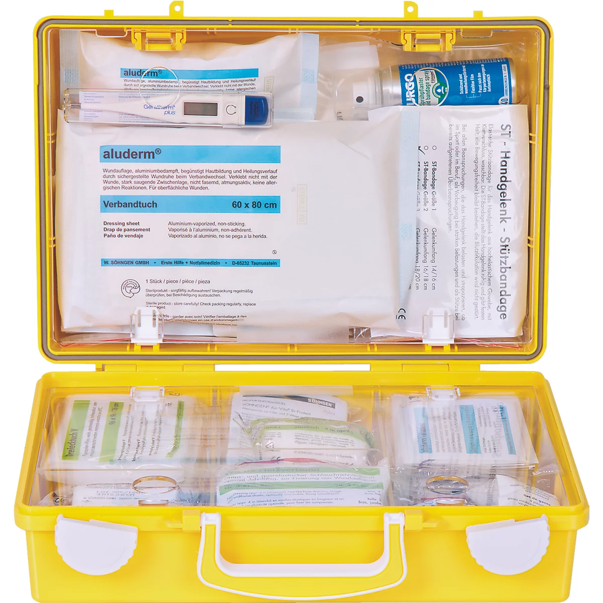 Erste-Hilfe-Koffer Extra+ BÜRO SN-CD, DIN 13157, gelb, Reflektionsstreifen, inkl. Wandhalterung, befüllt, ABS-Kunststoff