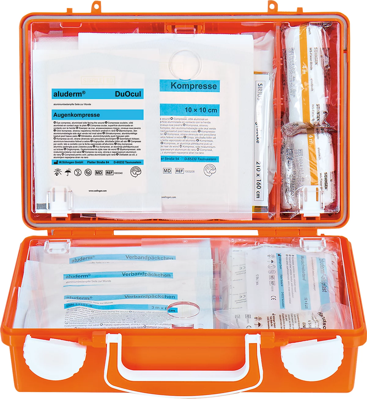 Erste-Hilfe-Koffer SÖHNGEN® QUICK, Inhalt gemäß DIN 13 157, mit Inneneinteilung & Wandhalterung, L 260 x B 170 x H 110 mm, ABS-Kunststoff, orange
