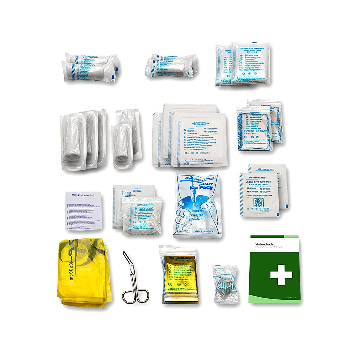 Verschiedene medizinische Hilfsmittel, wie Verbände, Augenpflaster, Kühlpackungen und Schere, auf weißem Hintergrund.