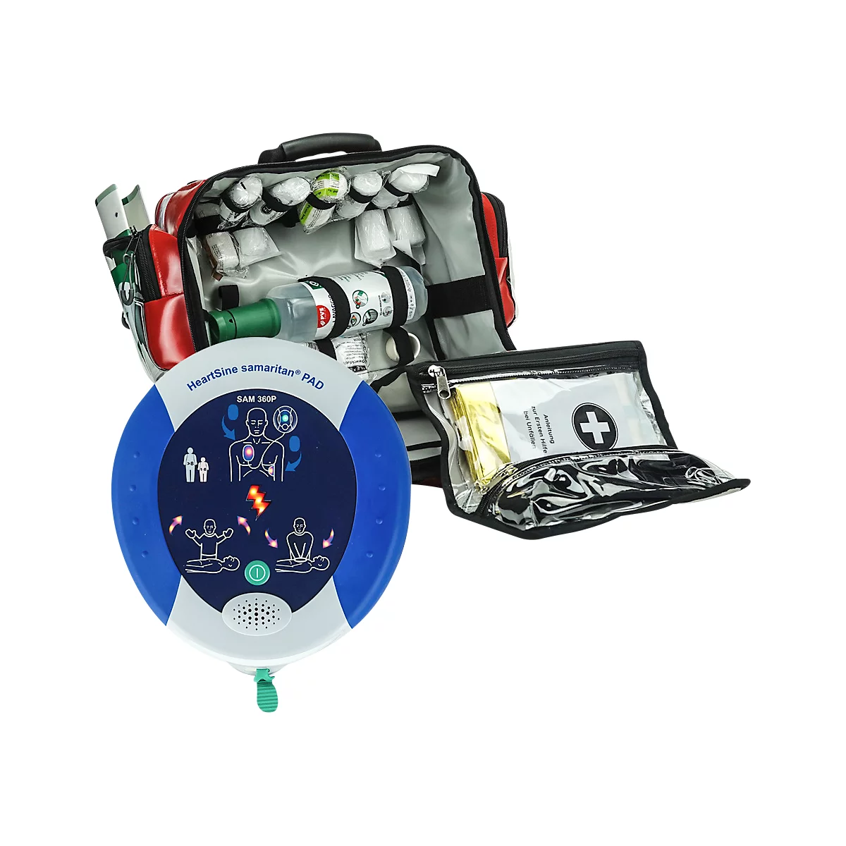 Erste-Hilfe-Wandtasche MedX5, mit Defibrillator SAM360P & Befüllung nach DIN 13157 
