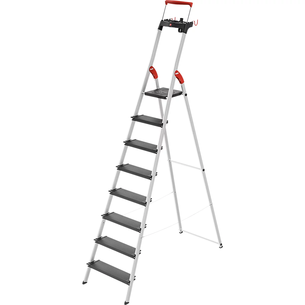 Escabeau à marches Hailo L100 TopLine, EN 131, avec cuvette multifonctions &amp; barre de maintien, jusqu'à 150 kg, 8 marches