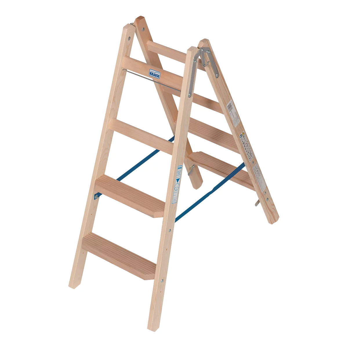 Escabeau Krause, double face, TRBS 2121-2, avec crochet pour seau, 2 x 4 marches/anneaux, bois