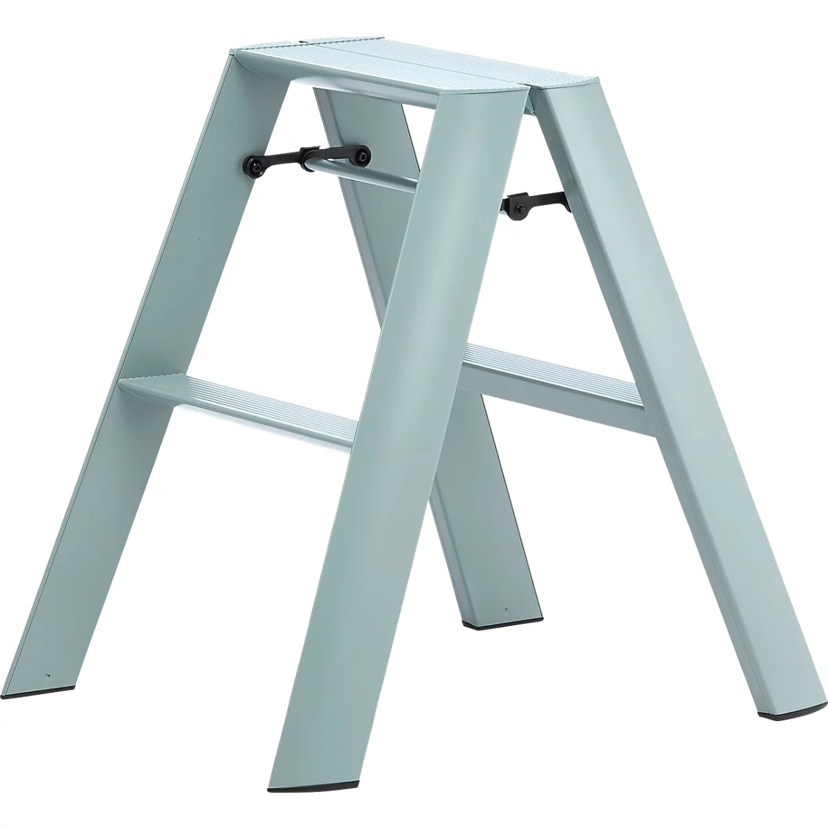 Marchepied en métal bleu clair, ouvert. Éléments de connexion noirs sur les côtés, pieds en caoutchouc noirs.