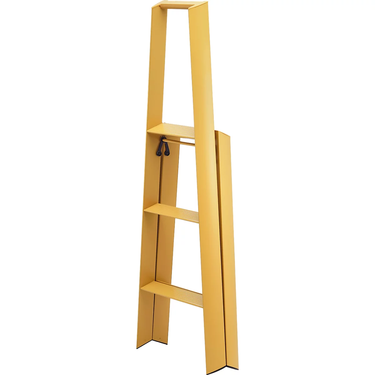 Escalier jaune, haut, avec trois marches et une barre supérieure.