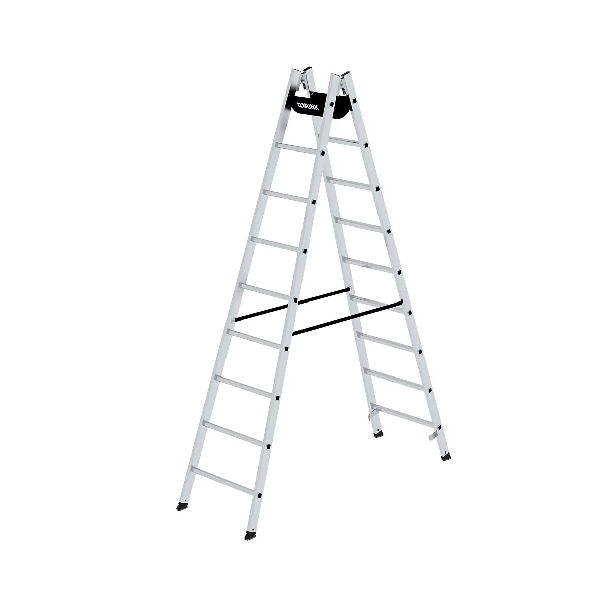 Échelle pliante en aluminium en forme de A, entretoises noires et partie de connexion supérieure, fond blanc.