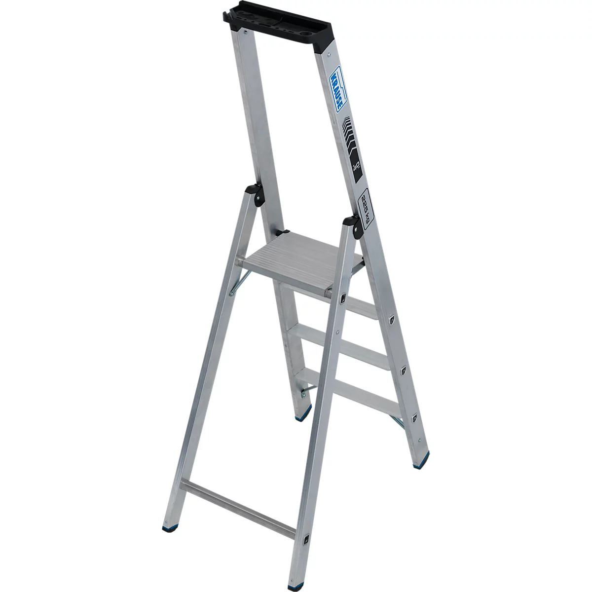 Escabeau en aluminium, autoportant. Surface de marche et marche supérieure. Le logo est visible sur le côté droit.