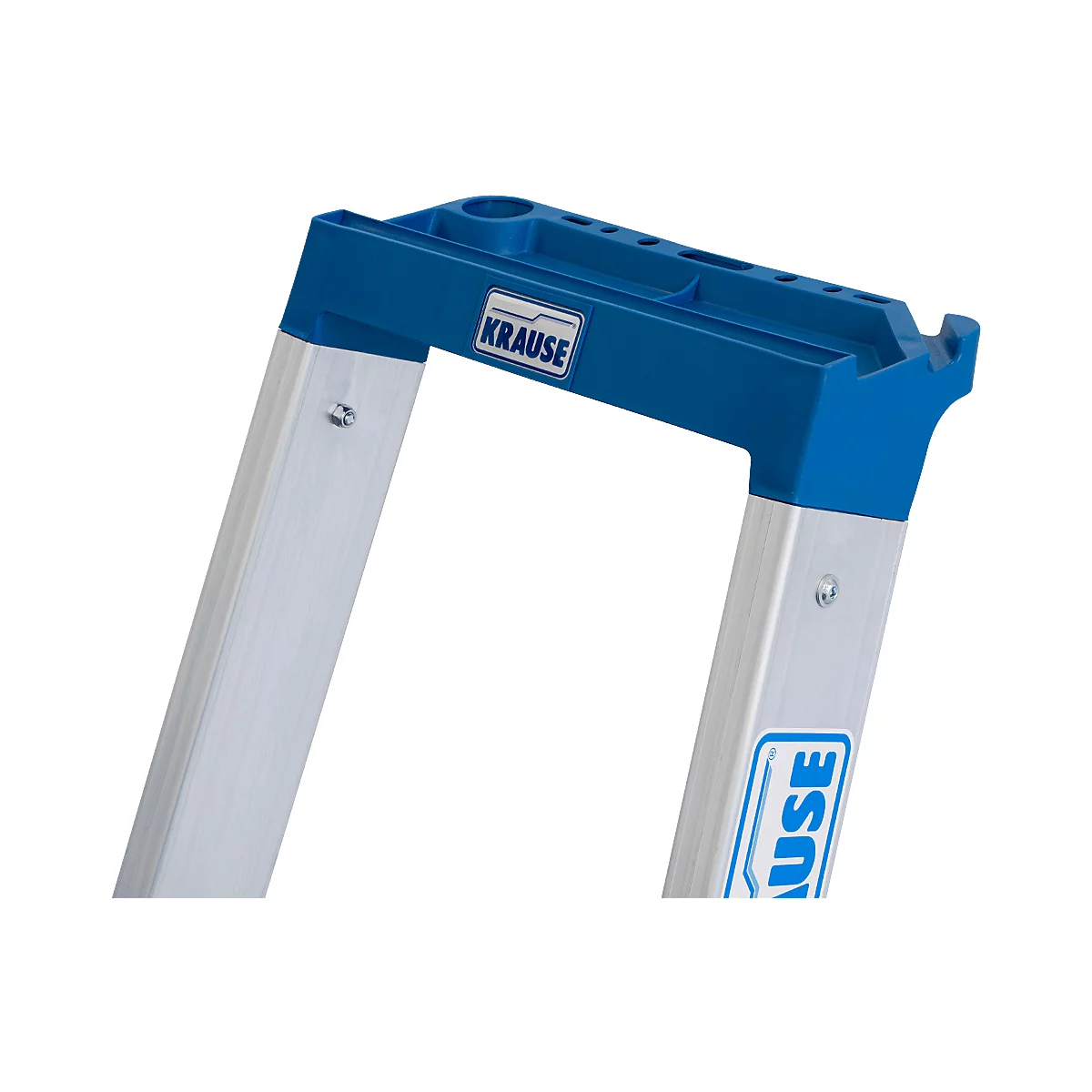 Vue détaillée d'un escabeau bleu et argenté, avec le logo Krause.