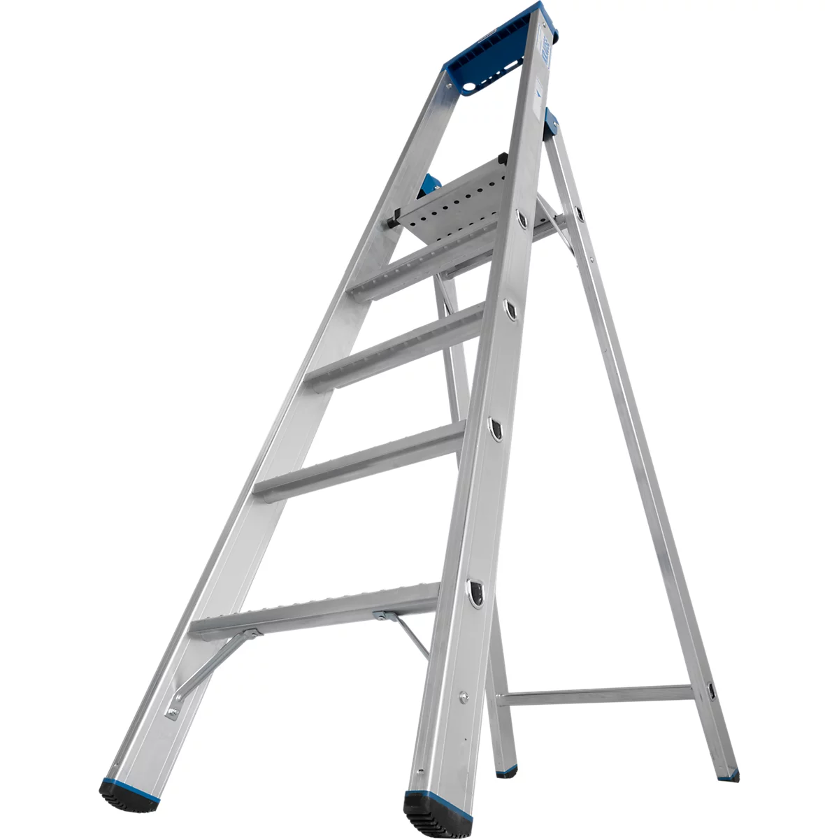 Escabeau argenté sur fond blanc. Éléments bleus aux extrémités et sur la plateforme supérieure.