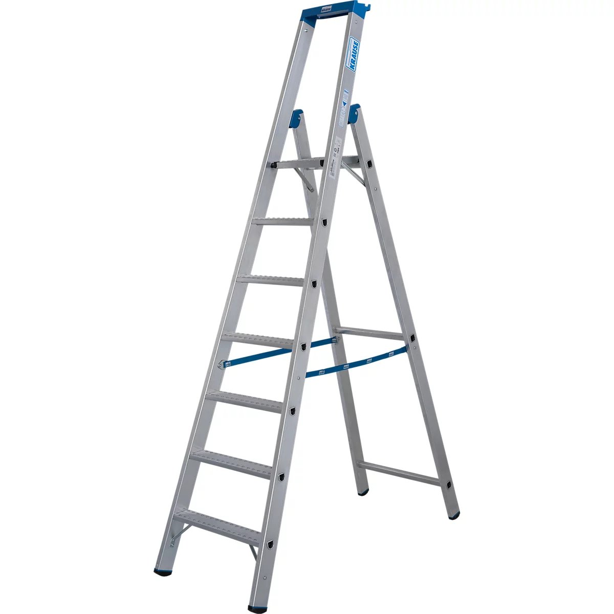 Escabeau argenté, avec des accents bleus. Sept barreaux, construction robuste, prêt à l'emploi.