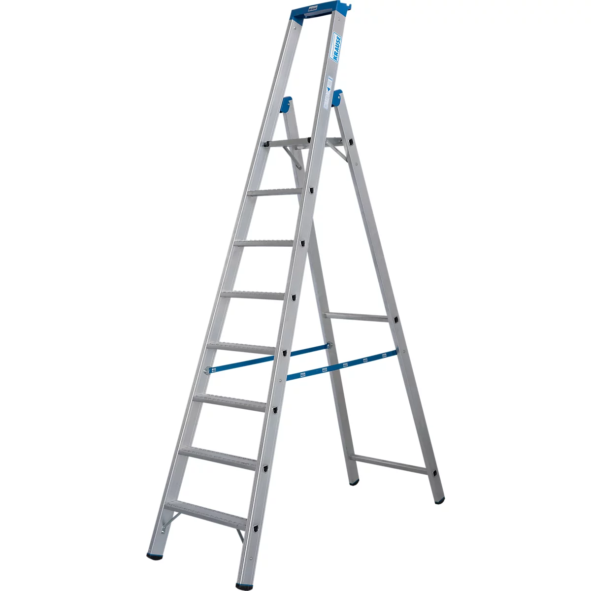 Escalier argenté sur fond clair. Éléments bleus sur les barreaux et sur la poignée supérieure.