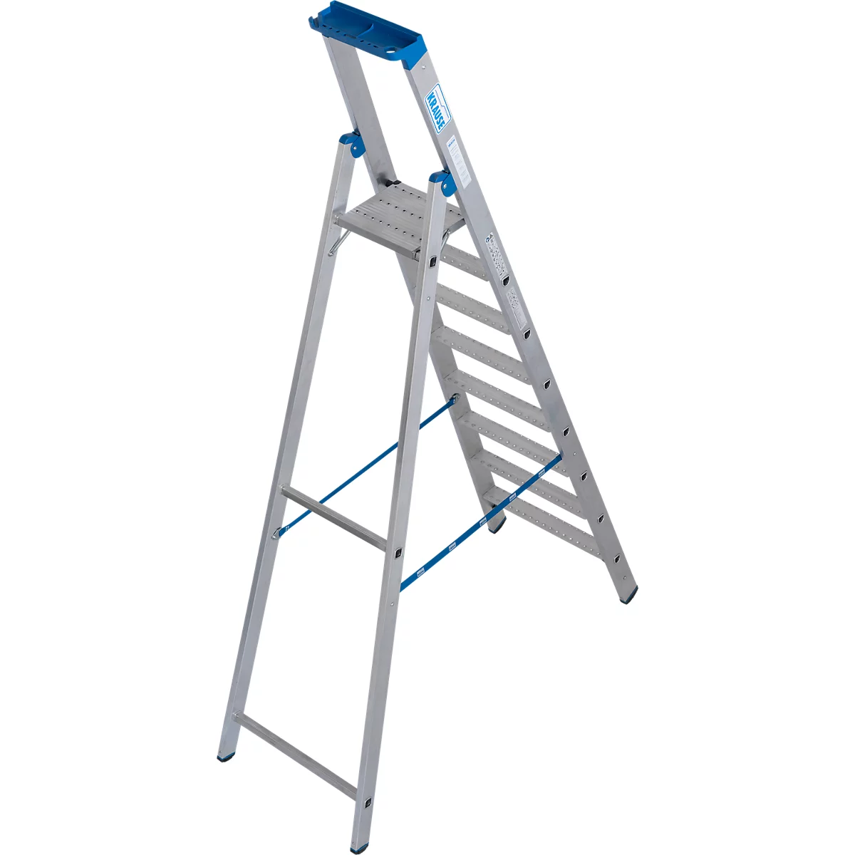 Escabeau argenté, partiellement bleu. Une plateforme en haut, des marches en dessous. Label : Krause.