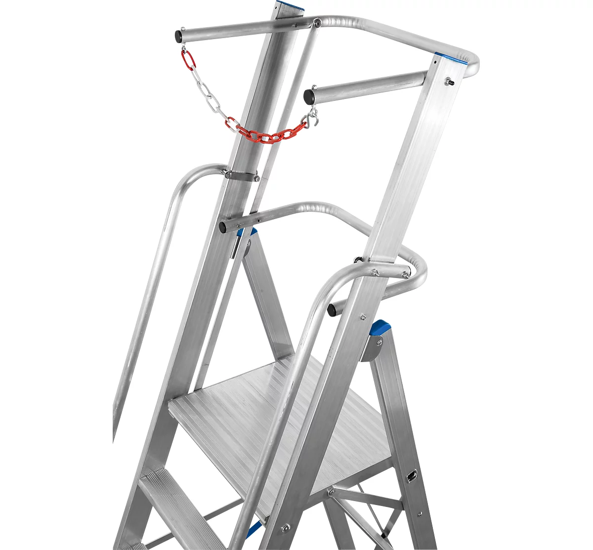 Escalera de tijera de aluminio, con gran plataforma de apoyo, con arco de seguridad y cadena, 7 escalones
