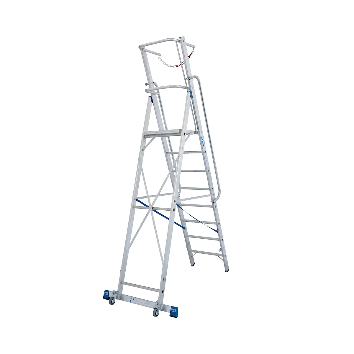 Escalera de tijera de aluminio, con gran plataforma de apoyo, con arco de seguridad y cadena, 8 escalones