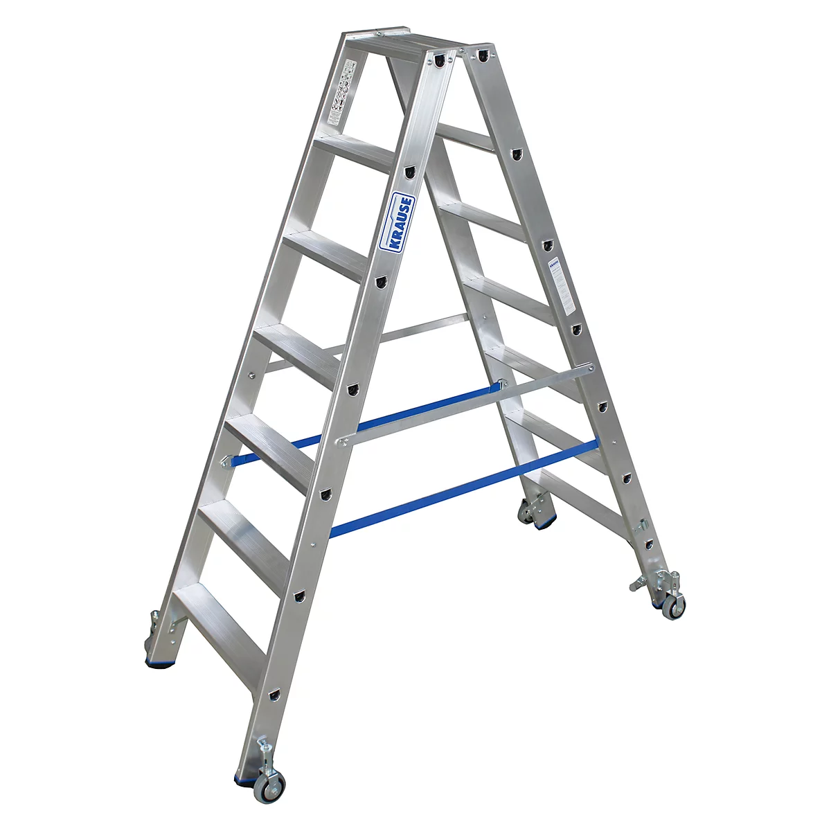 Escalera plateada con ruedas; elemento estabilizador azul, logo KRAUSE.