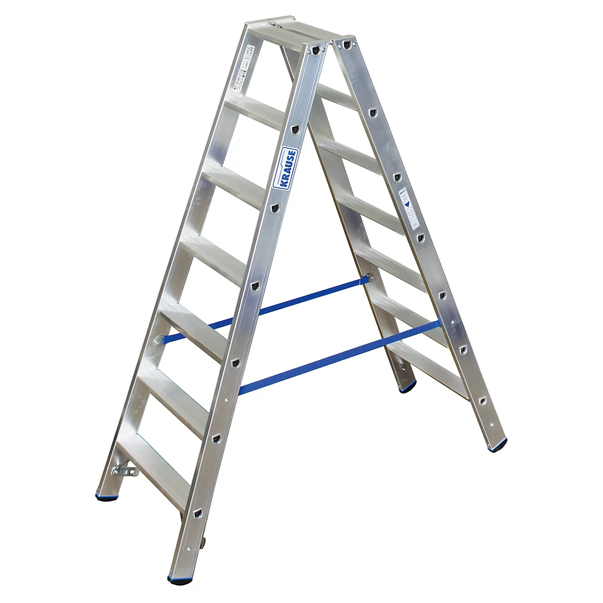 Escalera de mano plateada. Las abrazaderas azules conectan las mitades de la escalera. Inscripción "KRAUSE".