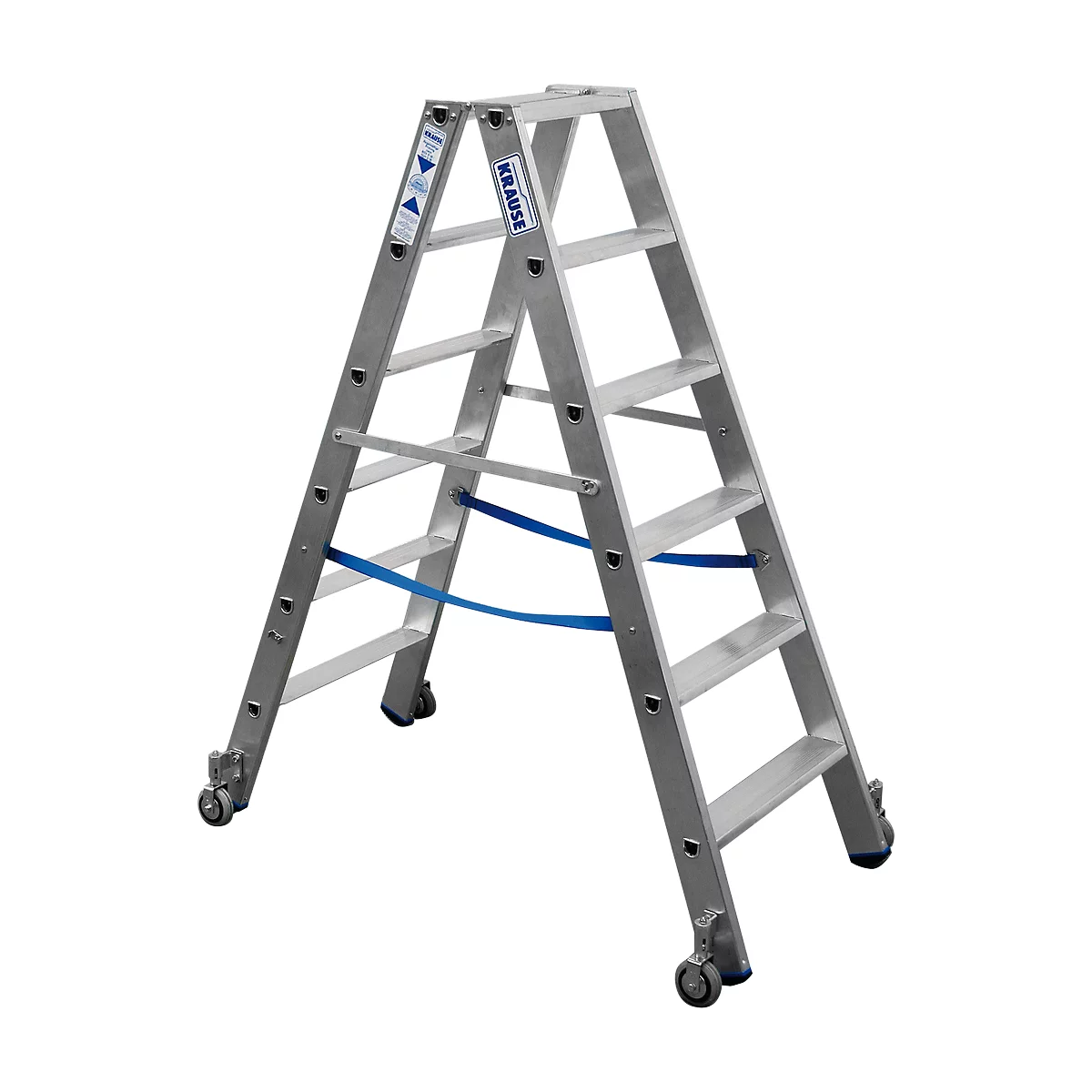 Una escalera plegable plateada con ruedas, puntales azules y el logotipo 'KRAUSE'.