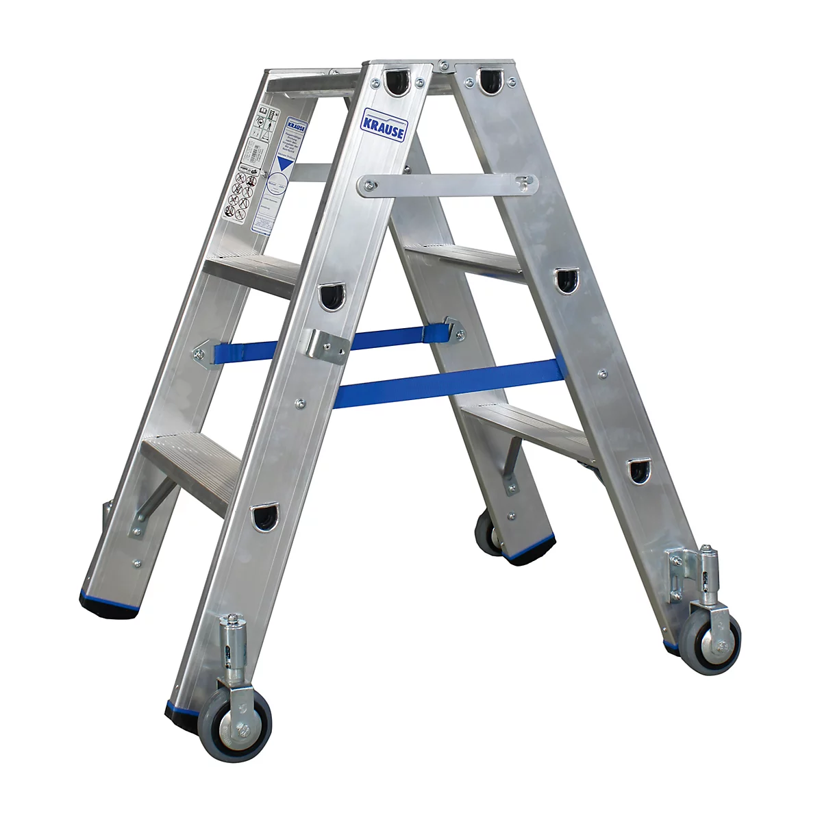 Escalera de aluminio con puntales azules, peldaños negros, ruedas. Logotipo Krause visible.