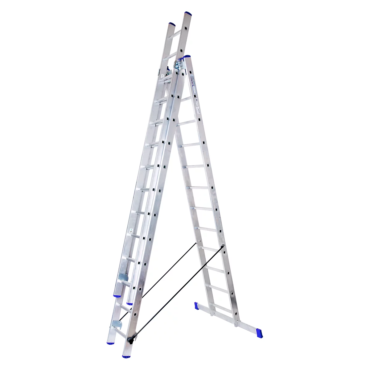 Escalera multiusos SZ metálica, de 3 tramos, con 3 x 12 peldaños, hasta 150 kg, EN 131, travesaño, dispositivo de seguridad separador, aluminio