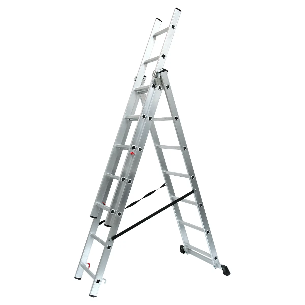 Escalera multiusos SZ metálica, de 3 tramos, con 3 x 7 peldaños, hasta 150 kg, EN 131, travesaño, dispositivo de seguridad separador, aluminio