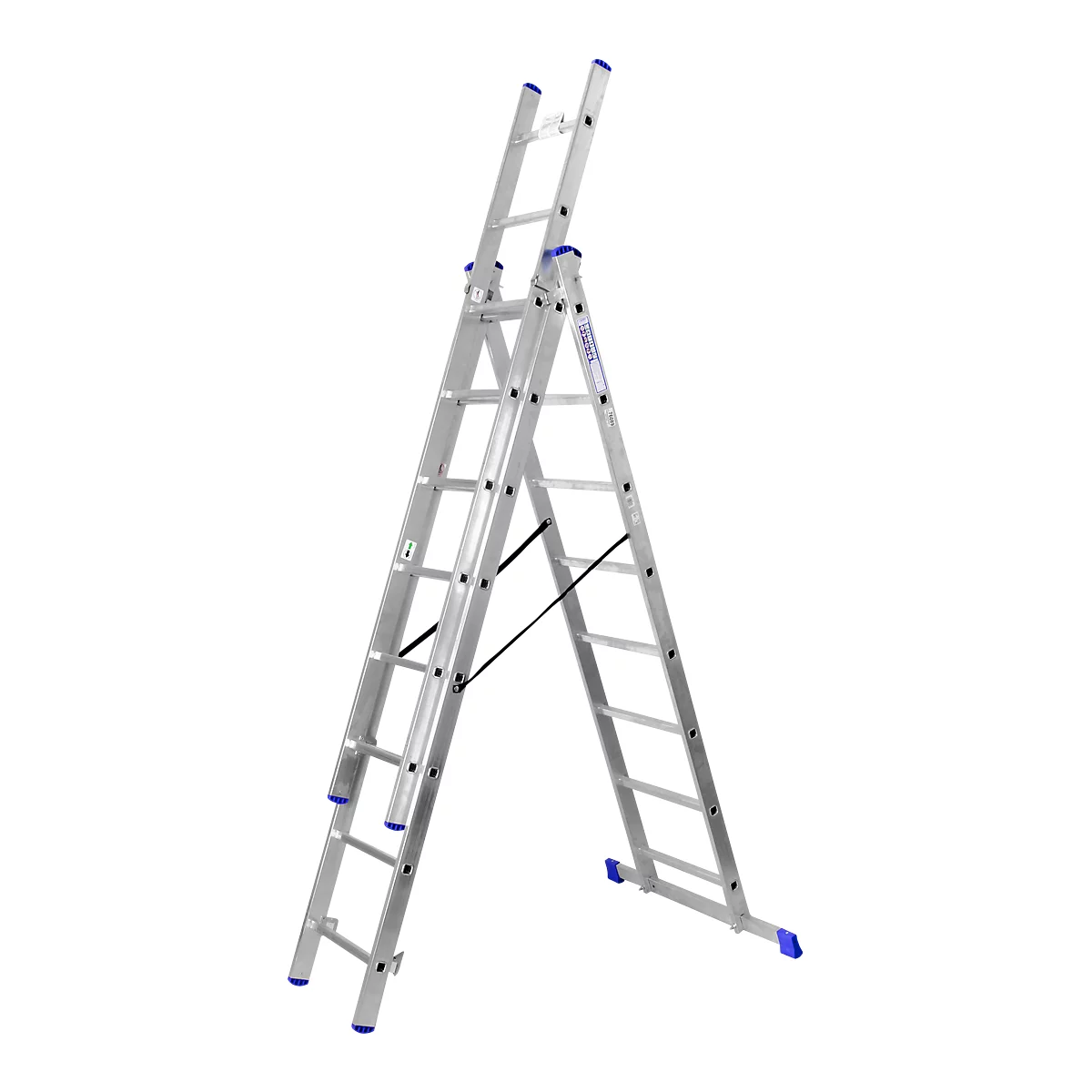 Escalera multiusos SZ metálica, de 3 tramos, con 3 x 8 peldaños, hasta 150 kg, EN 131, travesaño, dispositivo de seguridad separador, aluminio