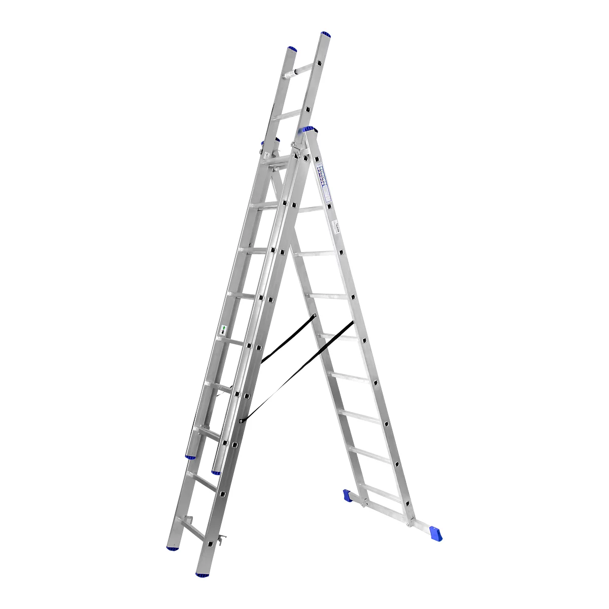 Escalera multiusos SZ metálica, de 3 tramos, con 3 x 9 peldaños, hasta 150 kg, EN 131, travesaño, dispositivo de seguridad separador, aluminio