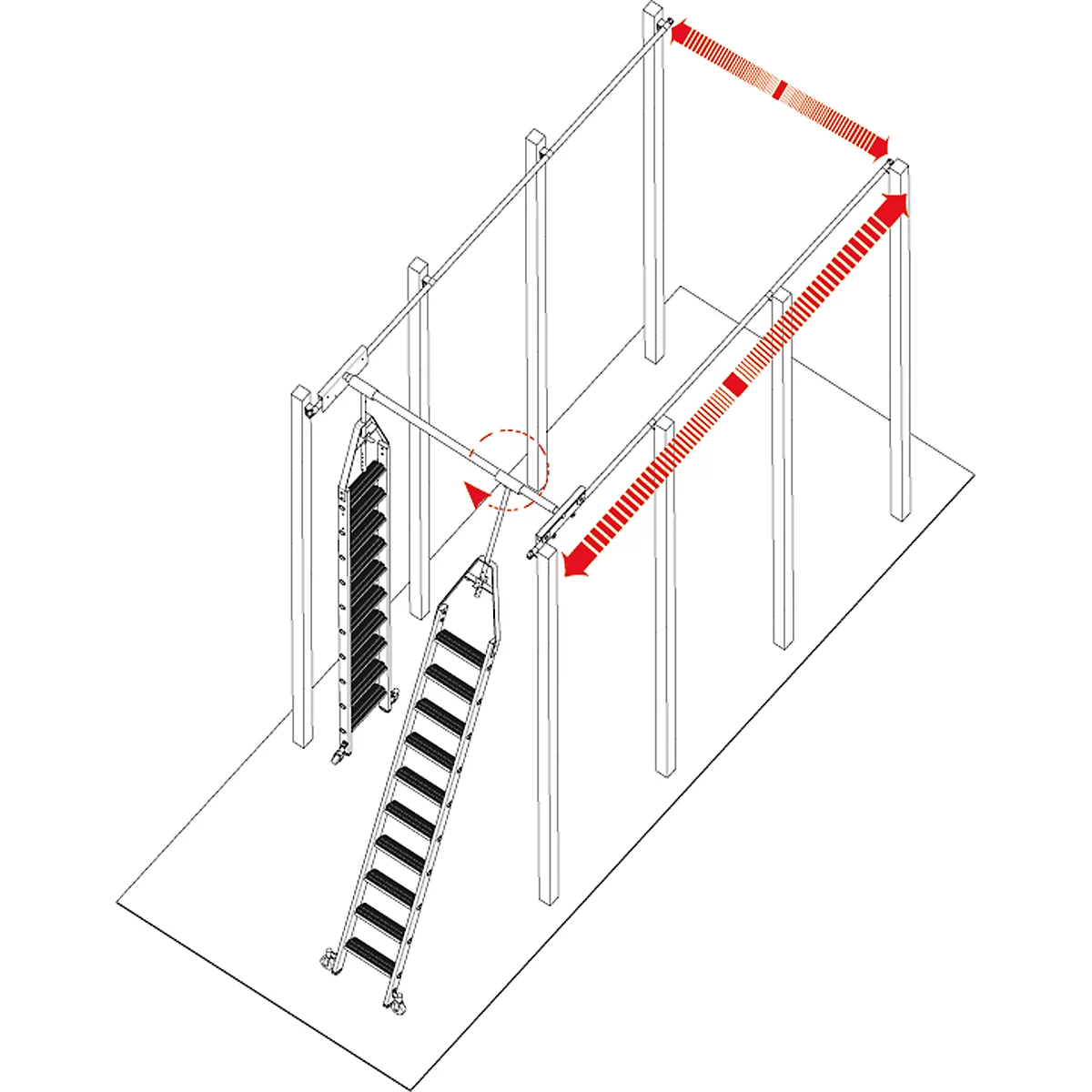 Escalera para estanterías, para estantería doble, giratorio, 10 escalones