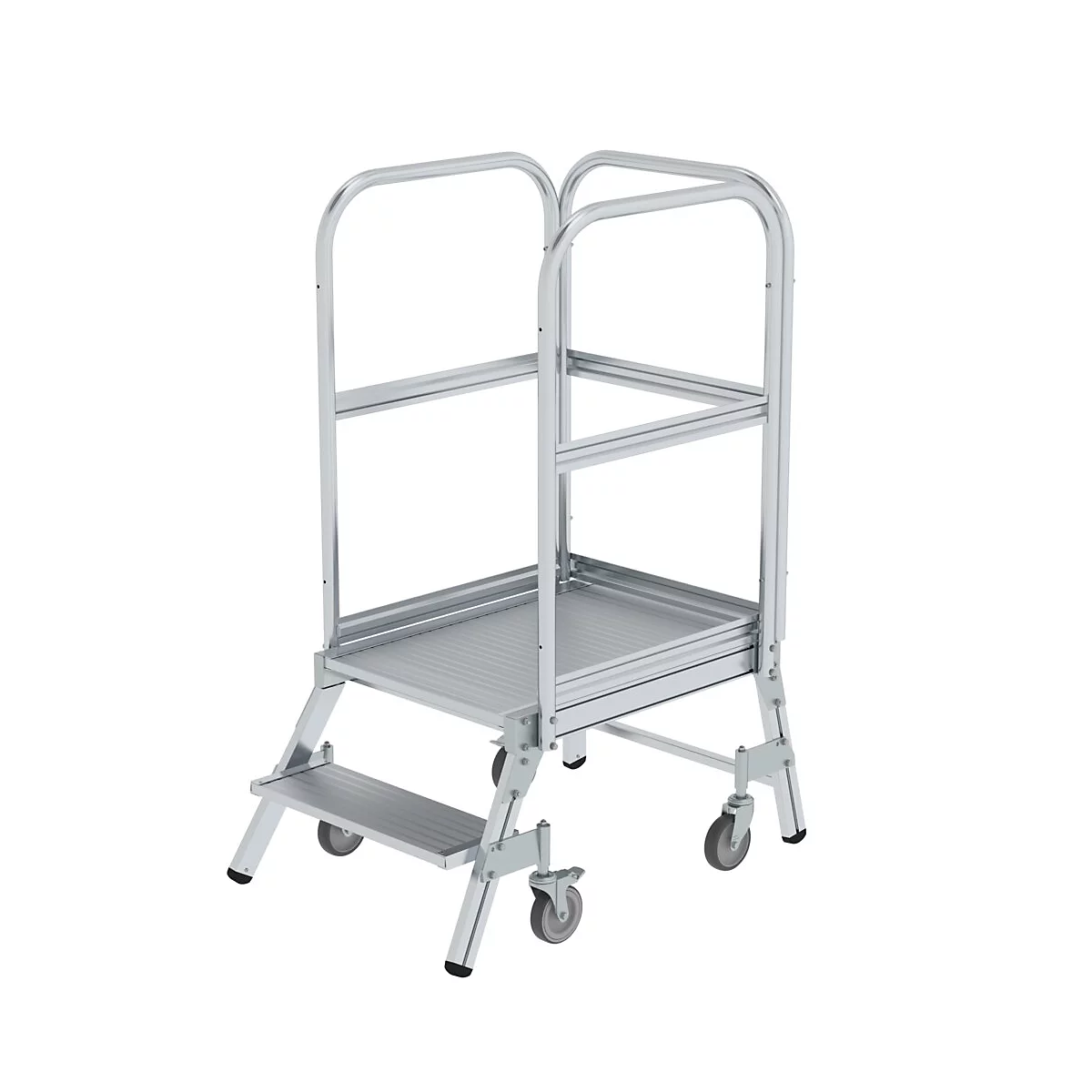 Une aide à l'escalade argentée avec deux marches, une plateforme et une main courante avec roulettes.