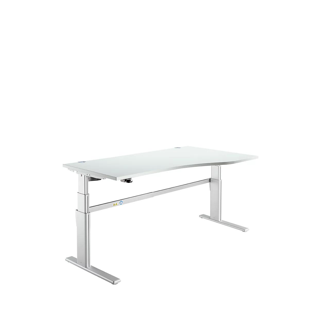 Escritorio confort, regulable eléctricamente en altura, forma libre, fijación a la derecha, pie en C, An 1800 x Pr 1000/800 x Al 655-1305 mm, aluminio gris claro/blanco