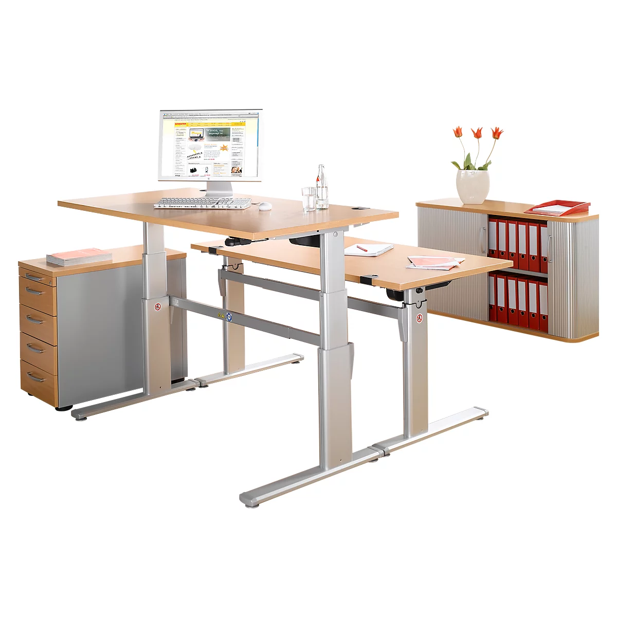 Escritorio confort, regulable eléctricamente en altura, forma libre, fijación a la derecha, pie en C, An 1800 x Pr 1000/800 x Al 655-1305 mm, haya/aluminio blanco