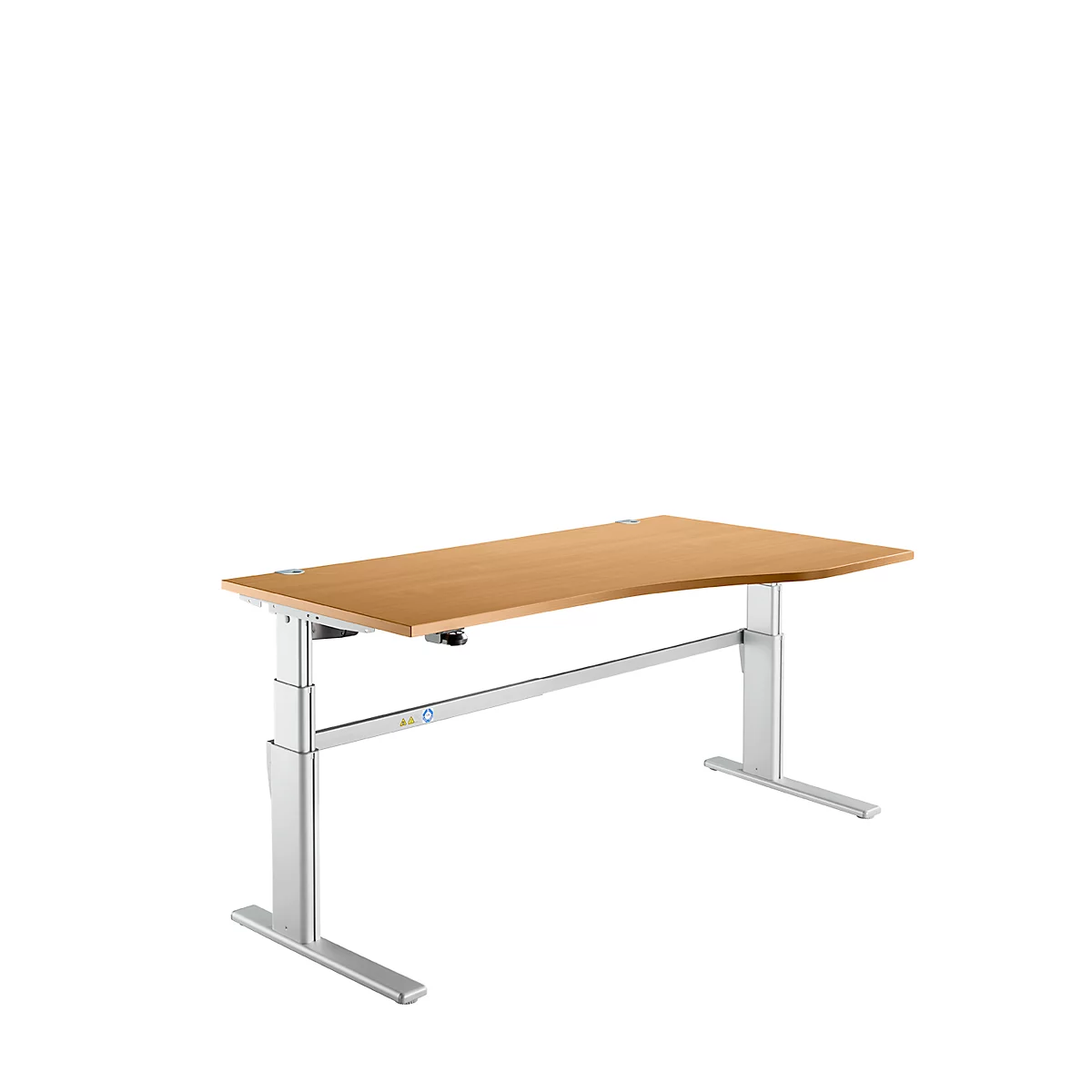 Escritorio confort, regulable eléctricamente en altura, forma libre, fijación a la derecha, pie en C, An 1800 x Pr 1000/800 x Al 655-1305 mm, haya/aluminio blanco