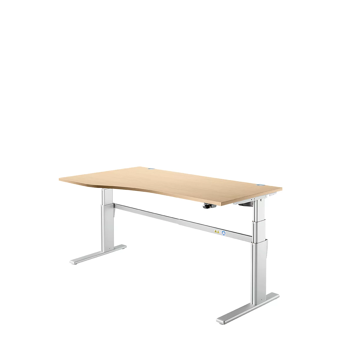 Escritorio confort, regulable eléctricamente en altura, forma libre, fijación a la izquierda, pie en C, An 1800 x Pr 1000/800 x Al 655-1305 mm, arce/aluminio blanco