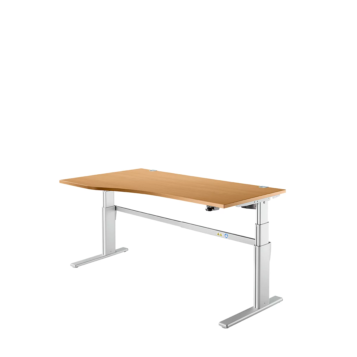 Escritorio confort, regulable eléctricamente en altura, forma libre, fijación a la izquierda, pie en C, An 1800 x Pr 1000/800 x Al 655-1305 mm, haya/aluminio blanco