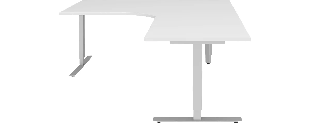 Escritorio en L BARI 90°, pata en T, Mesa de forma libre, ángulo a la derecha, An 1800 x P 1000/800 x Al 680-820 mm, blanco/aluminio