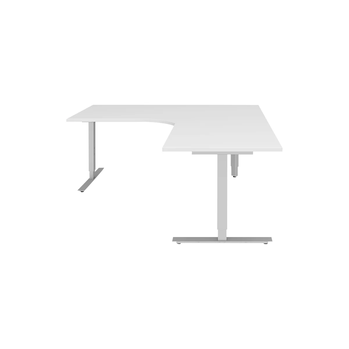 Escritorio en L BARI 90°, pata en T, Mesa de forma libre, ángulo a la derecha, An 1800 x P 1000/800 x Al 680-820 mm, blanco/aluminio