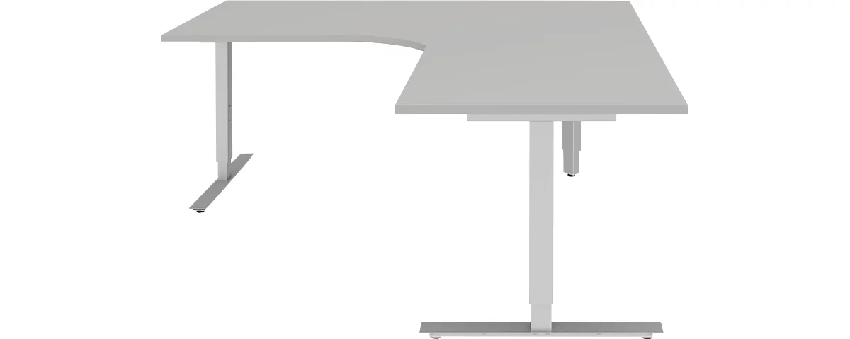 Escritorio en L BARI 90°, pata en T, Mesa de forma libre, ángulo a la derecha, An 1800 x P 1000/800 x Al 680-820 mm, gris claro/aluminio