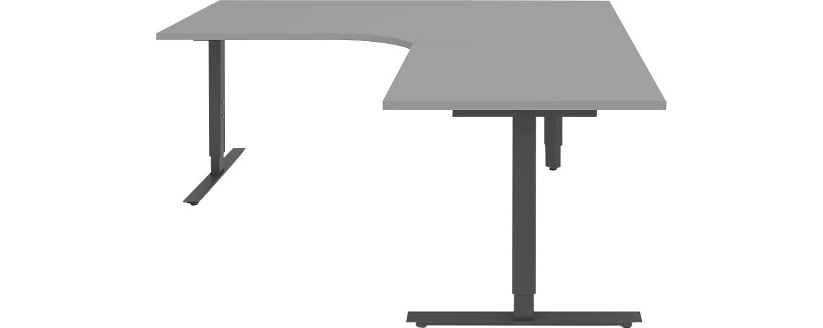 Escritorio en L BARI 90°, pata en T, Mesa de forma libre, ángulo a la derecha, An 1800 x P 1000/800 x Al 680-820 mm, gris medio/antracita
