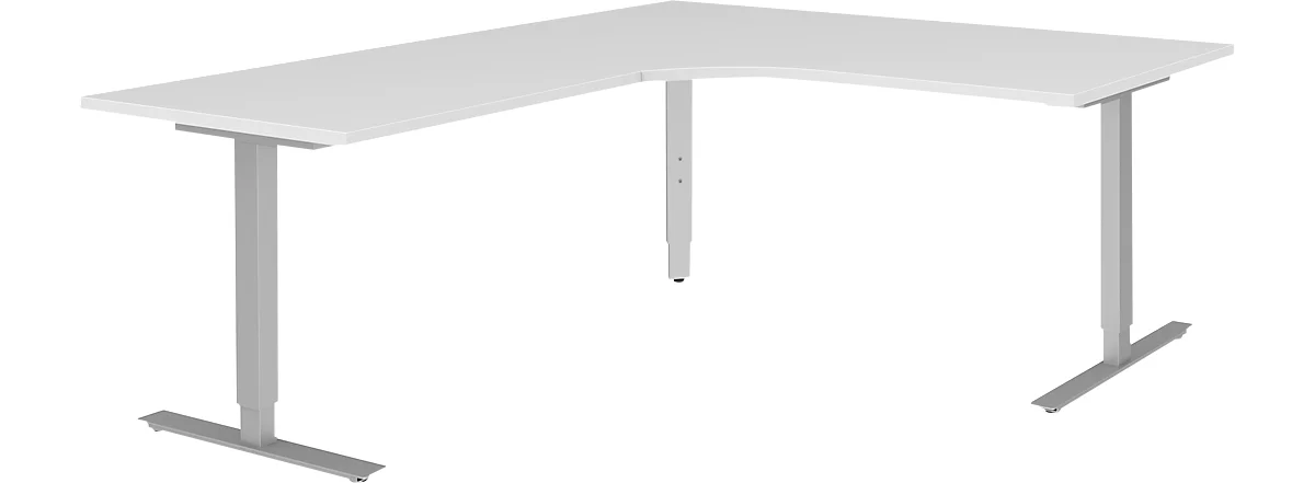 Escritorio en L BARI 90°, pata en T, Mesa de forma libre, ángulo a la izquierda, An 1800 x P 1000/800 x Al 680-820 mm, blanco/aluminio